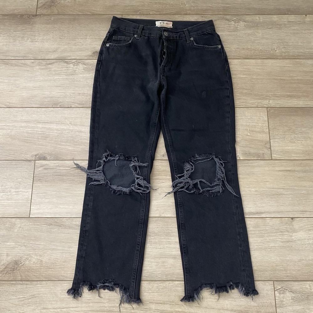 We The Free SZ 26 Maggie Straight Jean in Black Raw‎ Hem Busted Knee Buttonfly